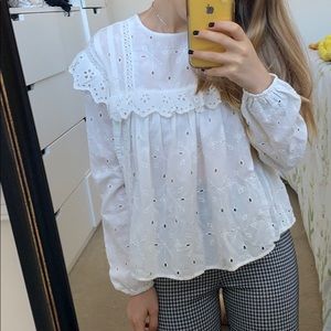 Zara Long Sleeve White Eyelet Blouse 